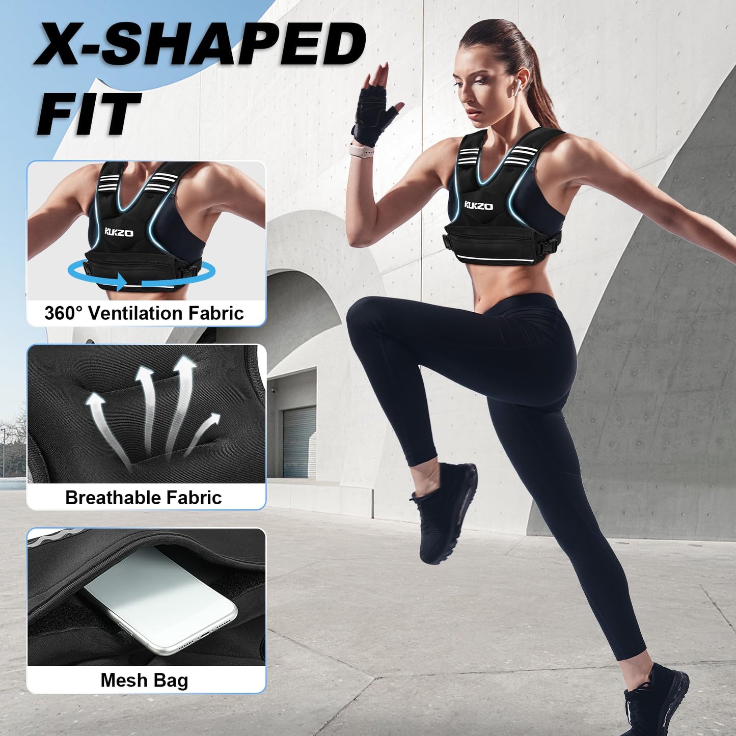 KUKZO Adjustable Weighted Vest Woman Men, 12-18lb Weight Vest with 6 Ironsand Weights for Strength Training Rucking Running Walking Fitness Workout, Black