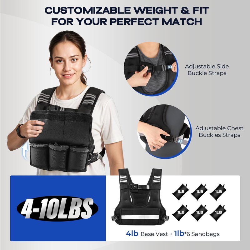 BIBIVENTA Adjustable Weighted Vest, 4-10lb Body Weight Vest with Touchscreen Phone Holder & 6 Ironsand Weights for Women & Men, Workout Equipment for Weight Loss, Fitness, Walking, Running, Cardio, Strength Training