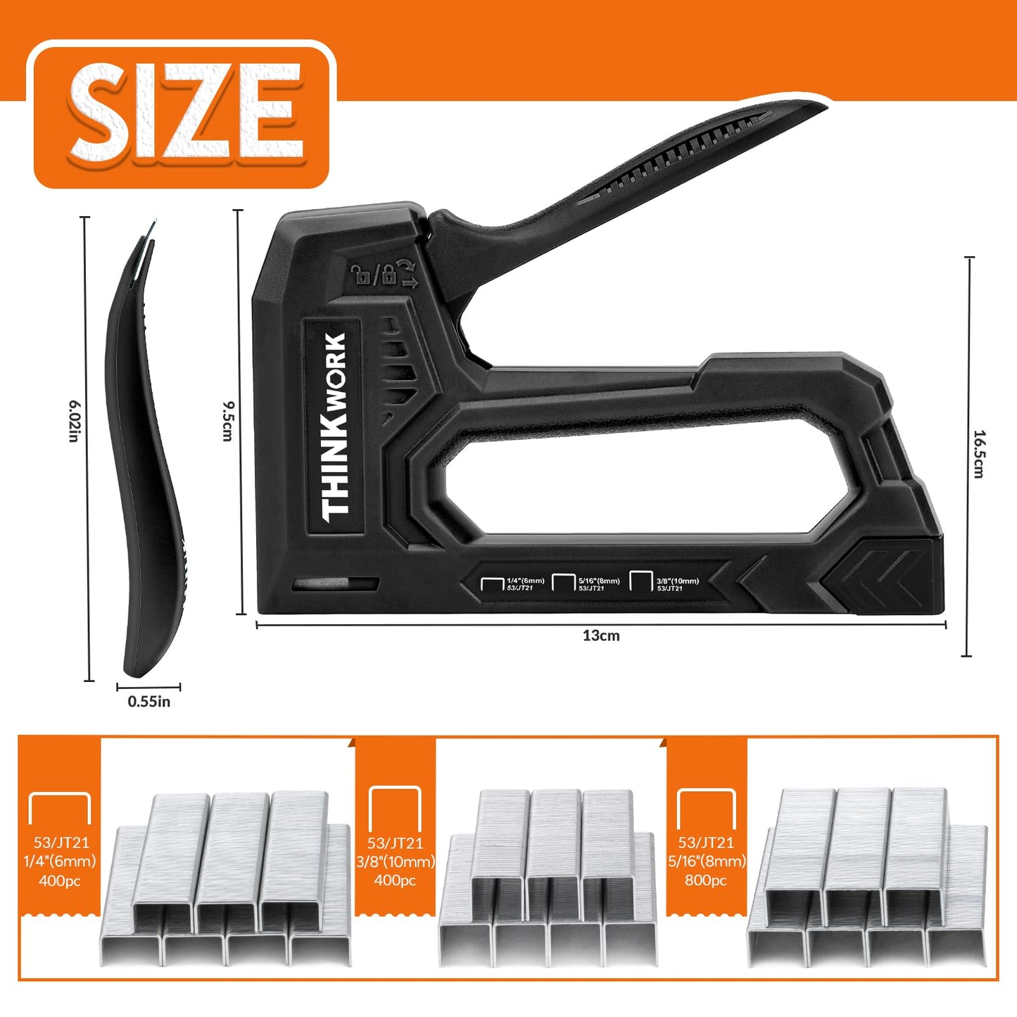 THINKWORK Light Duty Staple Gun - Black Upholstery Staple Gun for Wood with 1600pcs JT21 Staples 1/4", 5/16", 3/8" and Staple Remover, Fabric Stapler Gun for Crafts, Home Use, Wall, DIY, Lights Decora