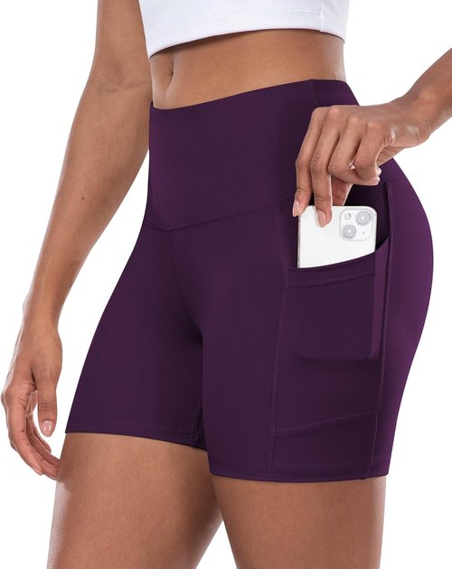 CHRLEISURE Women's High Waisted Biker Yoga Shorts - 5 Inch Tummy Control with Pocket