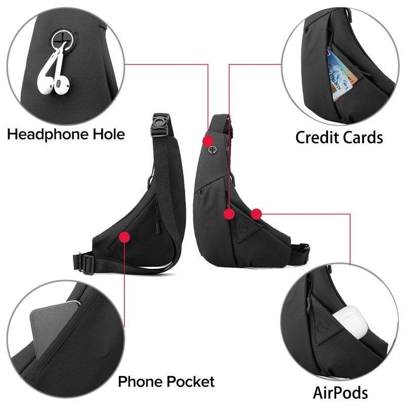 Small Sling Shoulder Crossbody Bag Men Women, Lightweight Anti-theft One Strap Casual Chest Bag Slim Backpack for Outdoor Walking Trip Hiking Biking Black