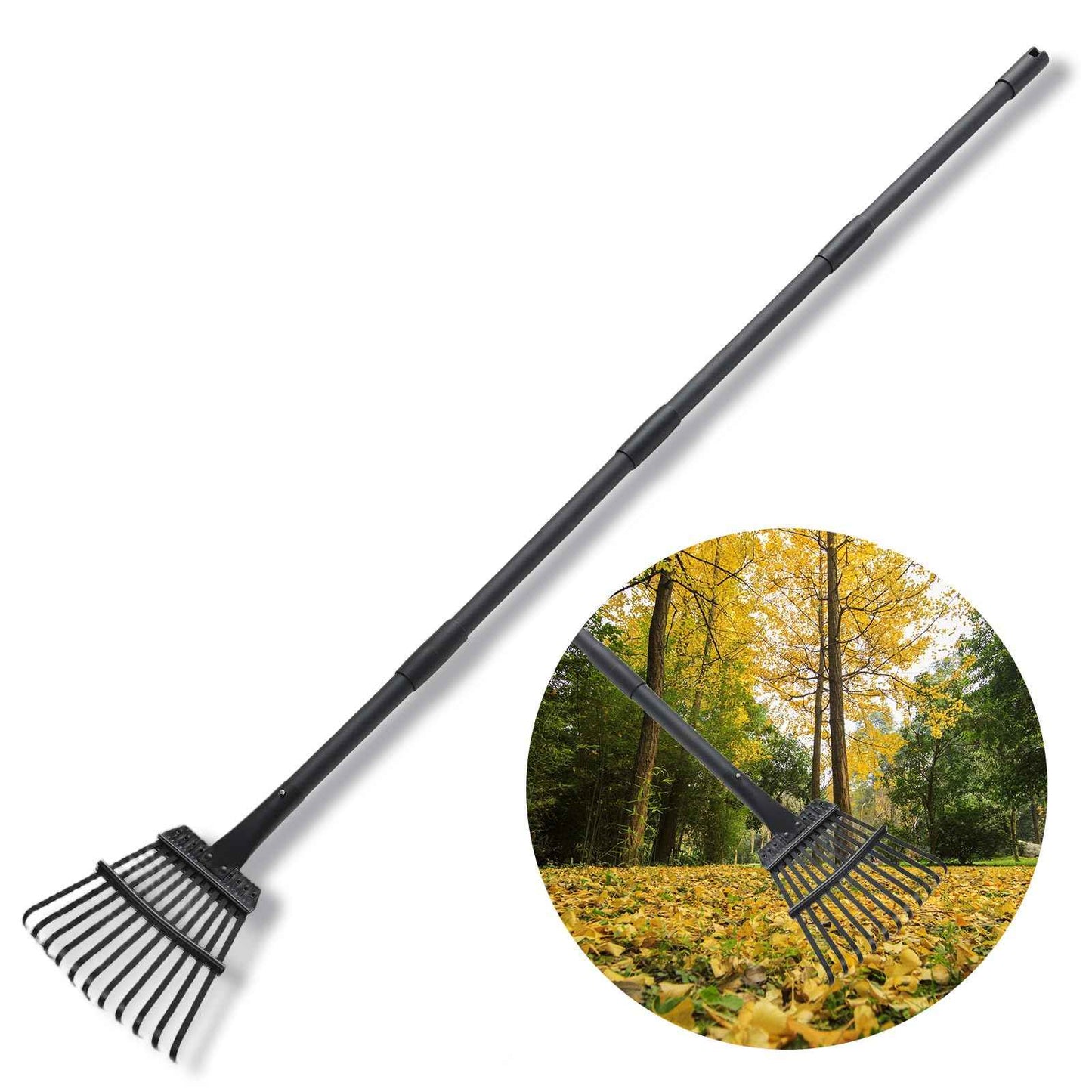 Small Rake for Gardening 63 Inch Adjustable Heavy Duty Garden Leaf Rakes Garden Tools 11 Metal Tines Small Garden Rake for Shrub Flower Bed Mulch Camping, Black