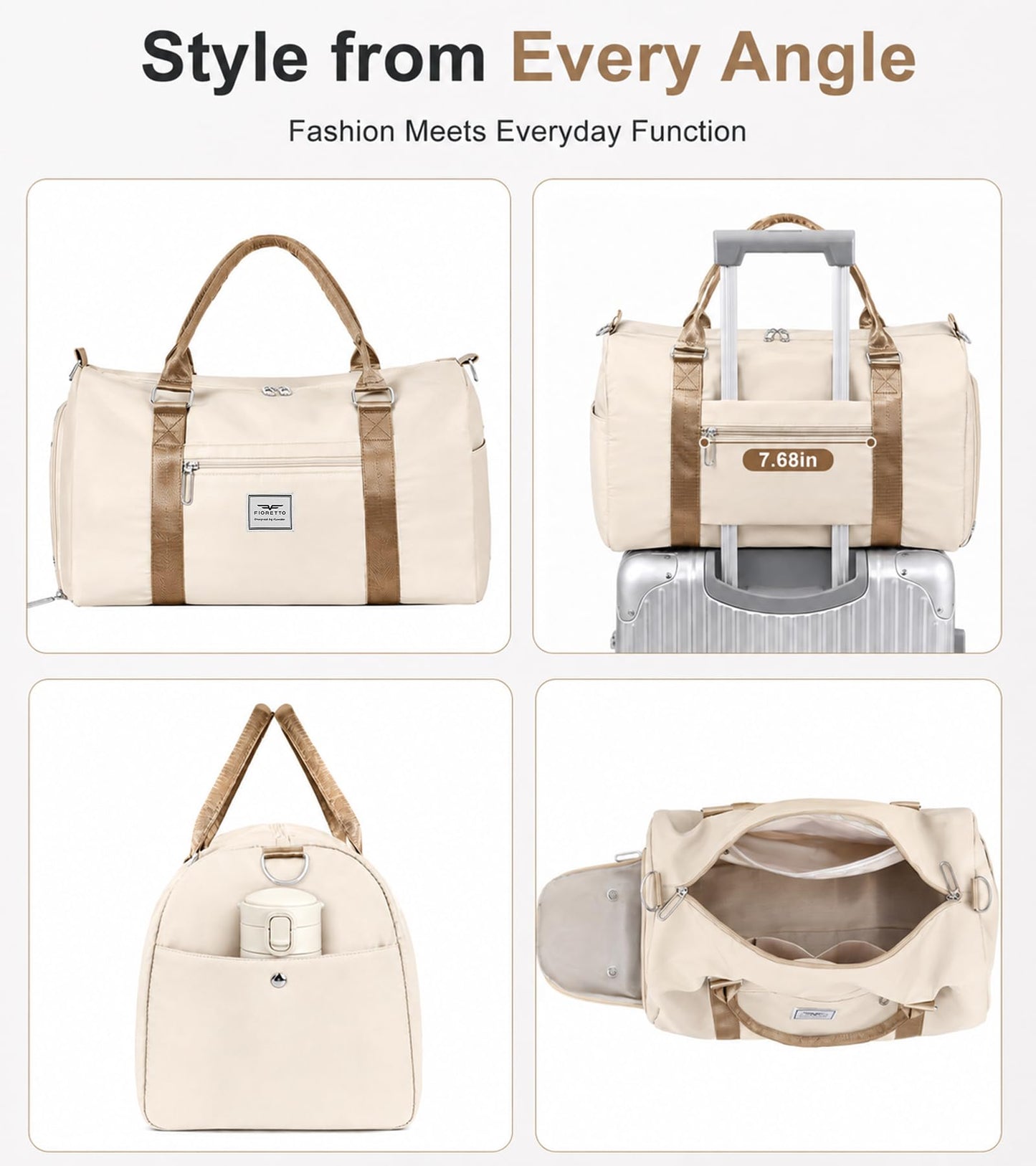 FIORETTO Womens Gym Tote Duffle Bag with Wet Pocket & Shoe Compartment, Sports Duffel Overnight Weekender Hospital Workout Carry on Bag for Girls, Ideal for Travel, Swimming, Dance, Ballet Beige