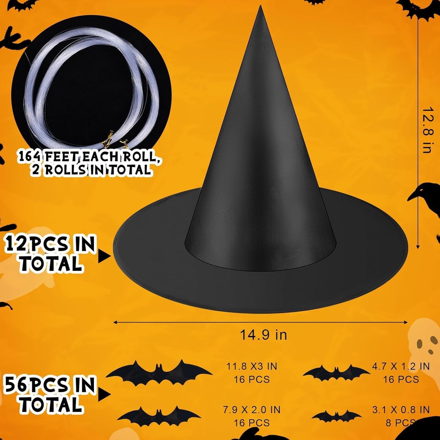 Halloween Witch Hat & LED Floating Candle Set - 80 Pcs with 3D Bat Wall Stickers for Spooky Decor