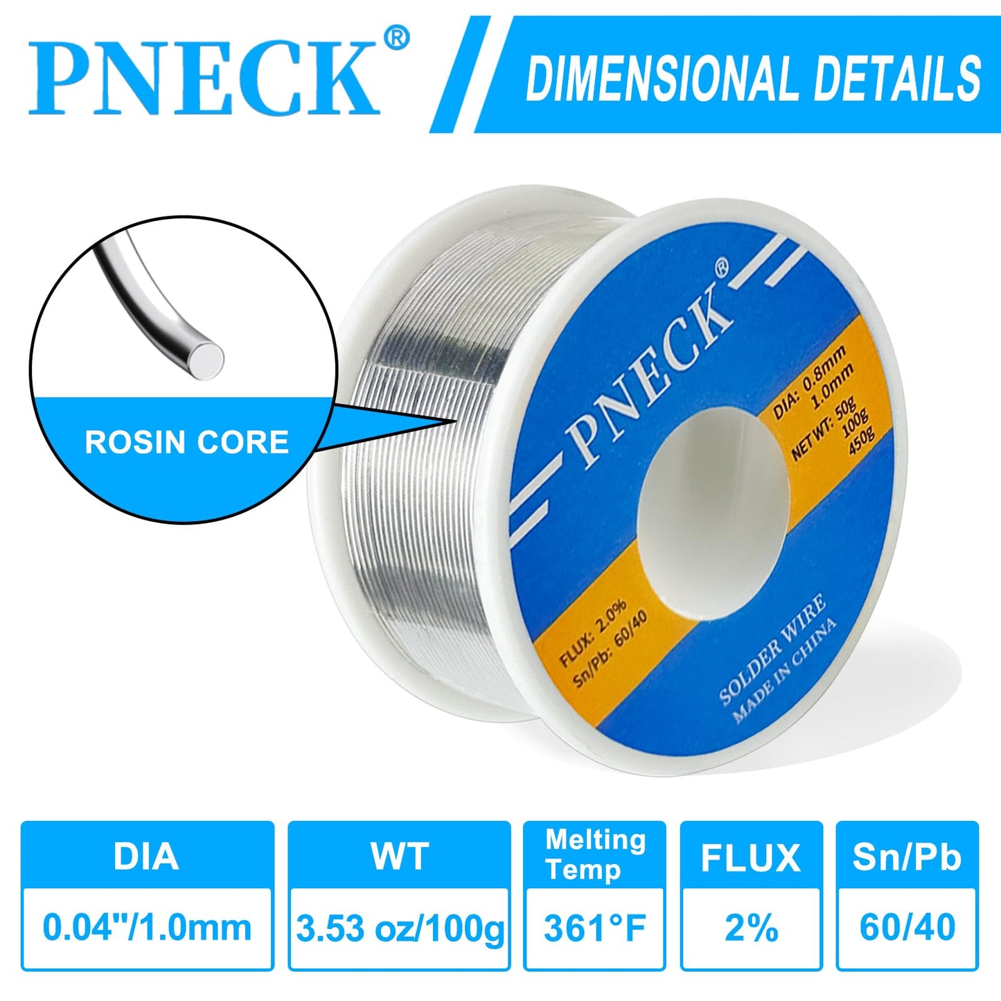 PNECK 60/40 Tin Lead Rosin Core Solder Wire for Electrical Soldering, 0.04" 3.53 oz (1.0 mm 100 g)