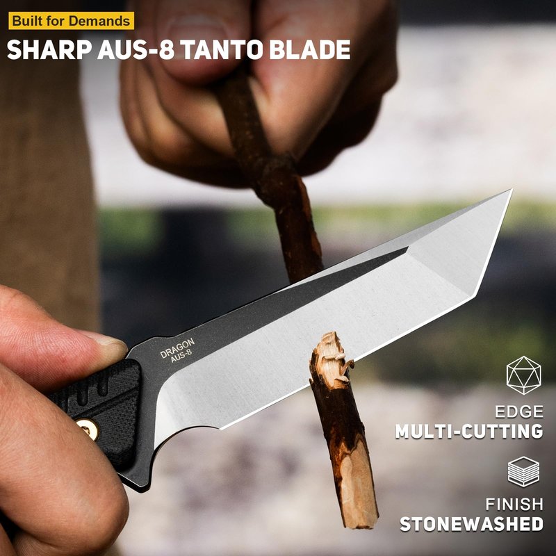 NedFoss EDC Fixed Blade Knife with Sheath, 3.7" AUS-8 Steel Tanto Blade Tactical Knife with G10 Handle, Camping Fixed Blade Small EDC Knives for Hunting, Survival