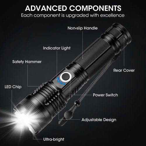 Kmivo Flashlights Rechargeable LED High Lumens - 4 Pack 90,000LM Super Bright Flashlight, Adjustable Powerful Flash Light with 5 Modes, Waterproof Handheld Flashlight for Home, Camping
