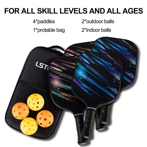 LSTECICE Pickleball Paddles Set of 4, Fiberglass Pickleball Paddles with Honeycomb Core, Lightweight Pickleball Set with Balls & Bag for Men, Women & Beginners
