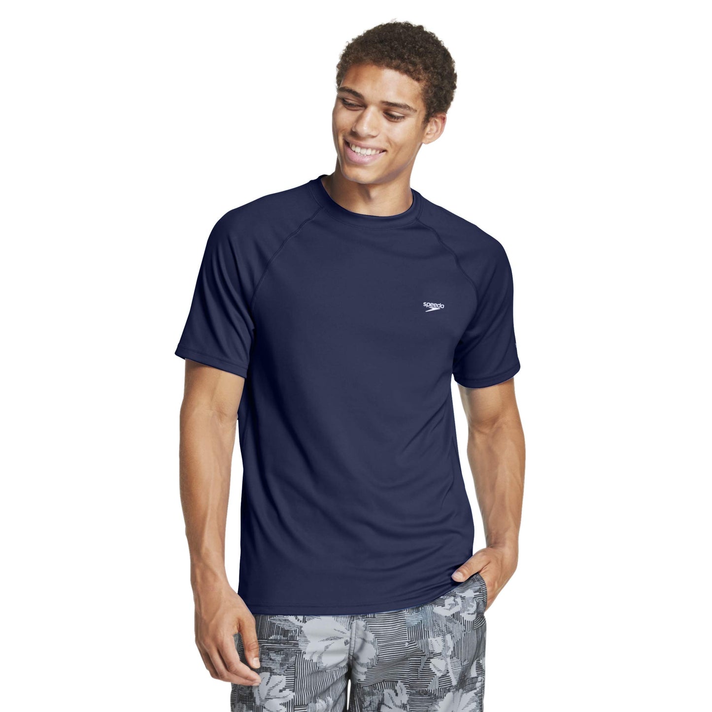 Speedo Men's Uv Swim Shirt Short Sleeve Regular Fit Solid Peacoat