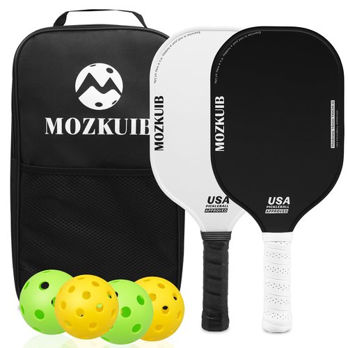 MOZKUIB Pickleball Paddles Set of 2, Lightweight Fiberglass Surface Pickleball, 16MM Polypropylene Honeycomb Core, Pickle Ball Paddle Set with 2 Paddles 4 Balls 1 Bag for Men Women Indoor Outdoor