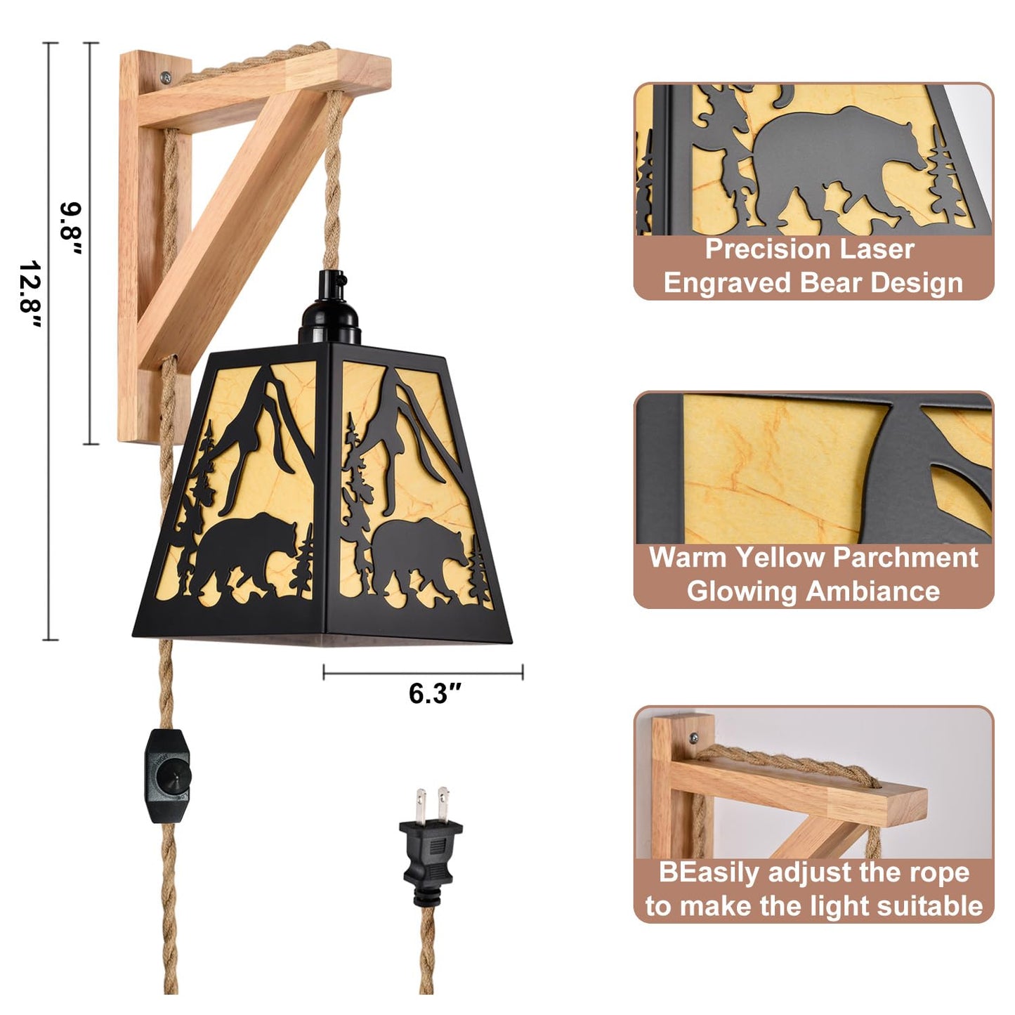 Sunnyin Wall Sconces Set of Two Plug in,Rustic Bear Dimmable Wall Sconce with Wood Shelf Bracket,Farmhouse Parchment Shade Sconces Wall Lighting,Antique Black Wall Lamps for Bedroom,Living Room,Indoor