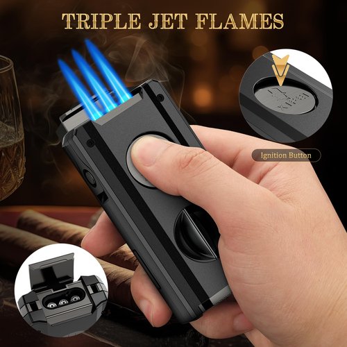 XIFEI Cigar Torch Lighter, 5-in-1 Refillable Butane Lighter with Cigar Cutter V Cut, Cigar Punch, Cigar Draw Enhancer, Cigar Holder, Multifunctional Windproof Lighters Triple Jet Flame (Black)