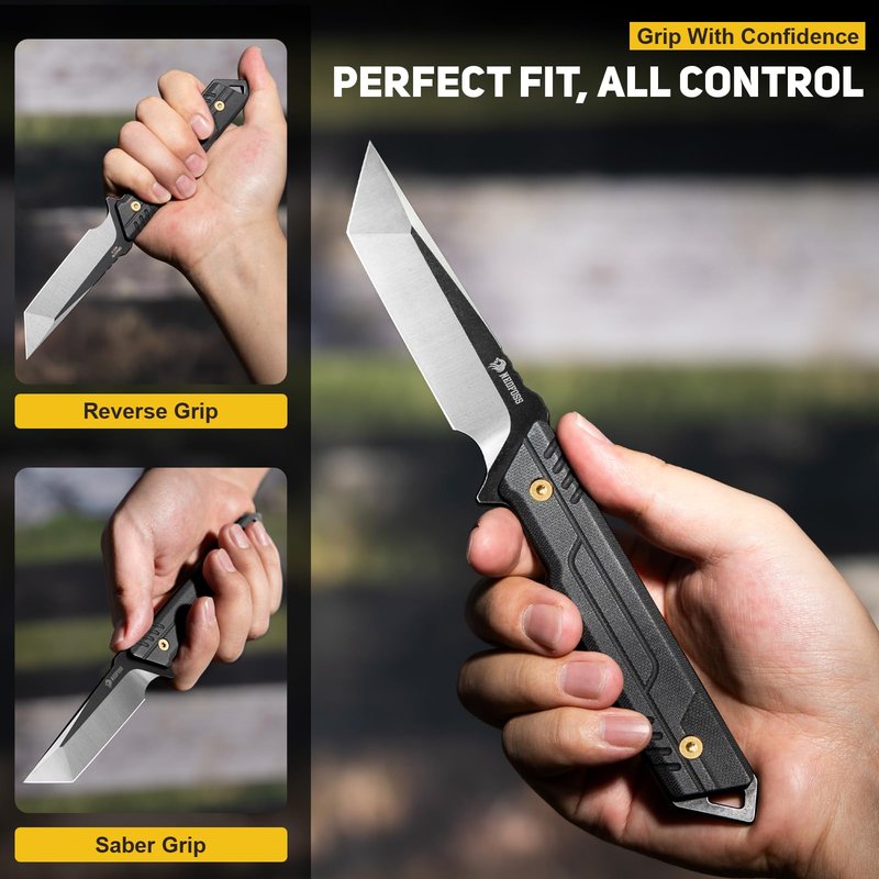 NedFoss EDC Fixed Blade Knife with Sheath, 3.7" AUS-8 Steel Tanto Blade Tactical Knife with G10 Handle, Camping Fixed Blade Small EDC Knives for Hunting, Survival