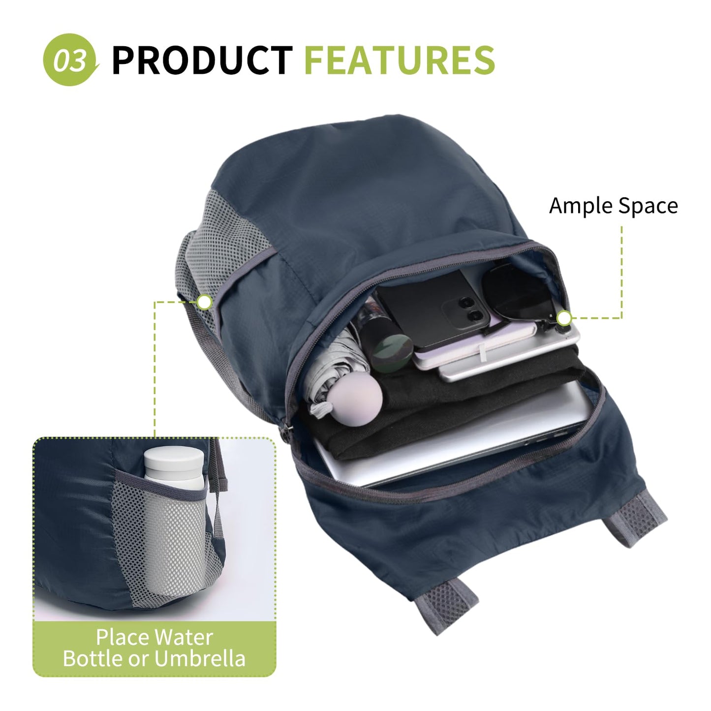SUIKIHUM 20L Ultra Hiking-Daypack Lightweight Foldable Travel Packable Backpack for Camping Cycling Outdoor, Navy Blue