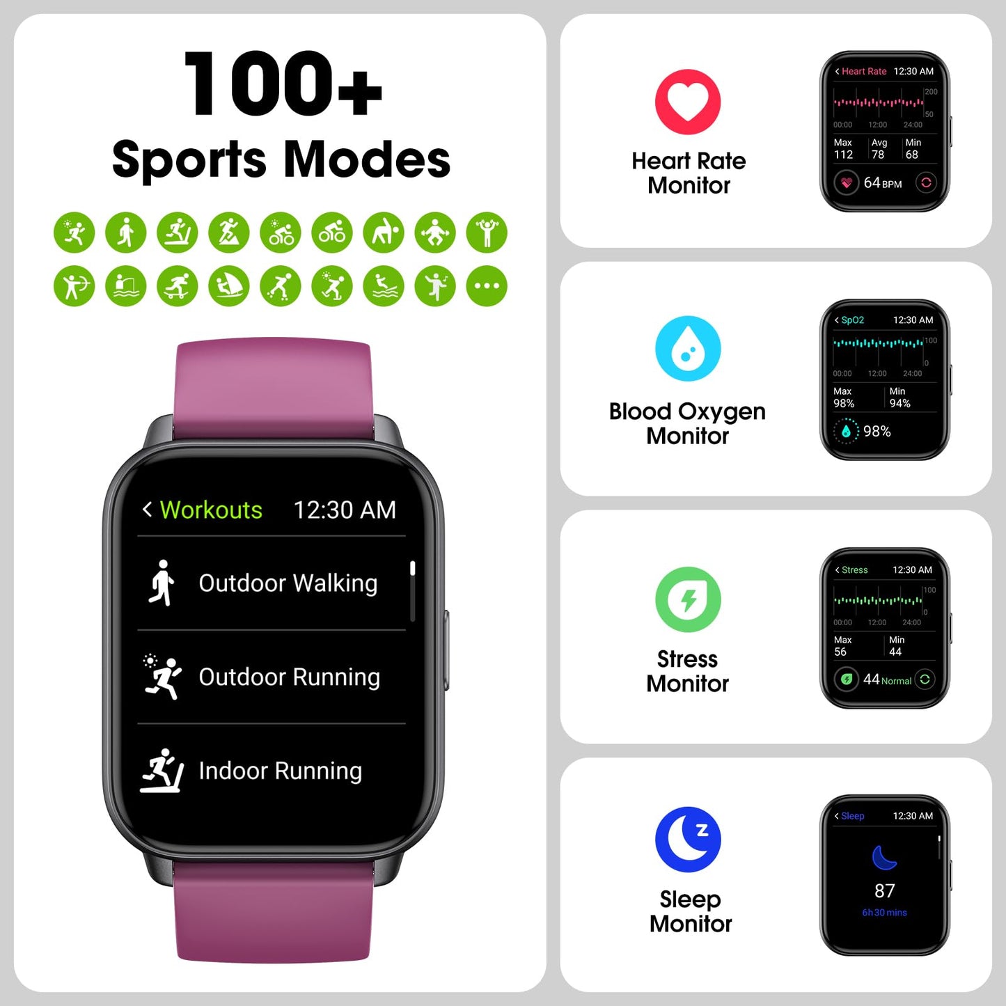 Smart Watch for Men Women, 1.91'' Big Font No App/Phone Required, Fitness Tracker with Pedometer, Bluetooth Call (Answer/Make Call), Heart Rate Blood Oxygen Monitor Step Counter, 100+ Sports Modes