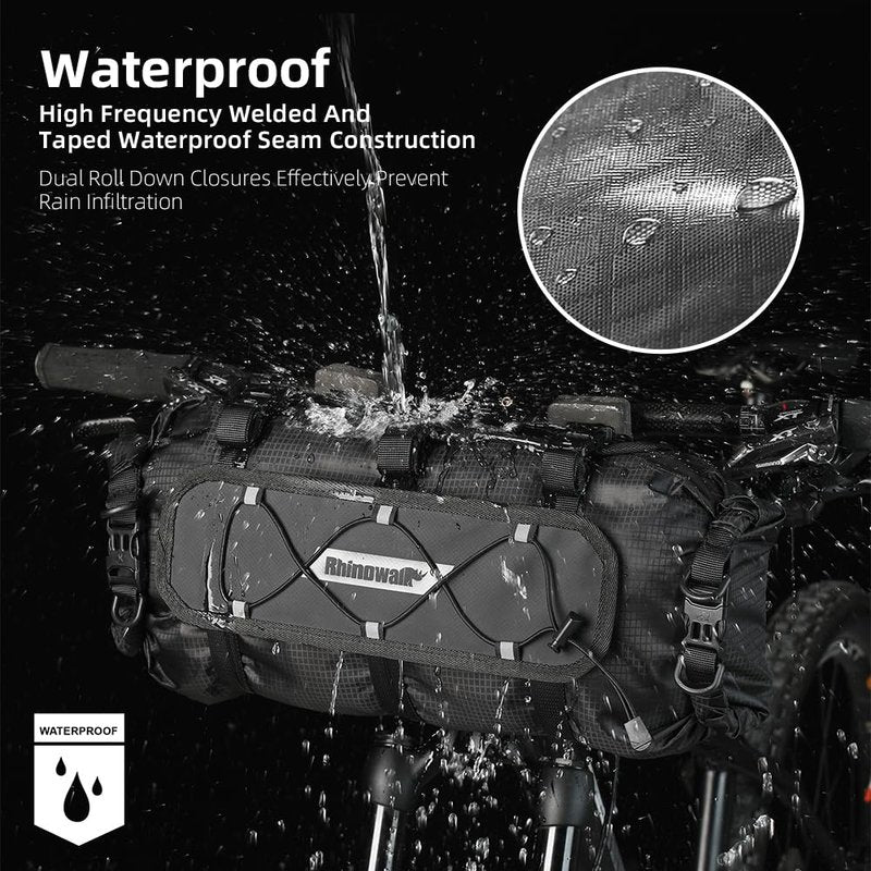 Rhinowalk Waterproof Handlebar Bag 12L, Roll-Top Bikepacking Dry Bag with Front Panel & Removable Harness, Shoulder Strap Included (Type 9300)