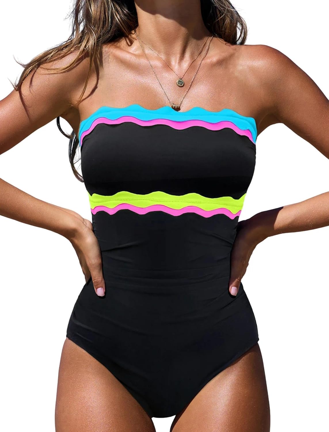 Popvil One Piece Swimsuits for Women - Tummy Control Strapless Neon Bandeau Swimwear 2026