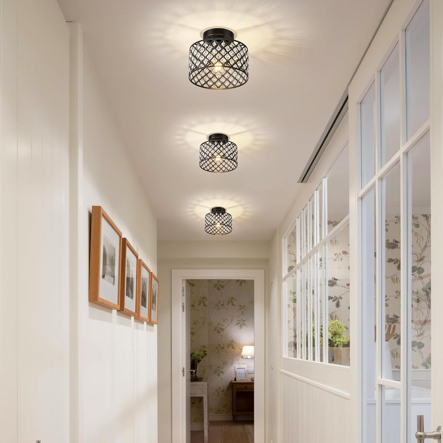 Modern Black Crystal Semi Flush Mount Ceiling Light Fixture - 11.2" Round Chandelier for Dining Room, Hallway, Kitchen & Bedroom