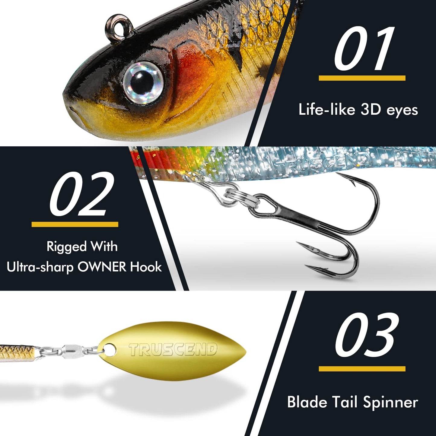 TRUSCEND Pre-Rigged Jig Head Soft Fishing Lures, Paddle Tail Swimbaits for Bass Fishing, Shad or Tadpole Lure with Spinner, Premium Fishing Bait for Saltwater Freshwater, Trout Crappie Fishing