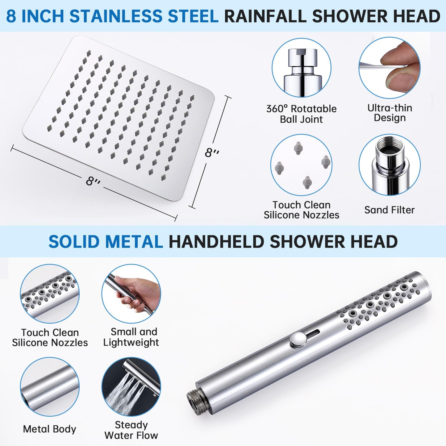 G-Promise All Metal Shower Diverter with Low Holder, Extended 13.5 Inch, Includes Rain Shower head, 3-Function Hand Shower with Massage Mode, Stainless Steel Long Hose (Chrome)