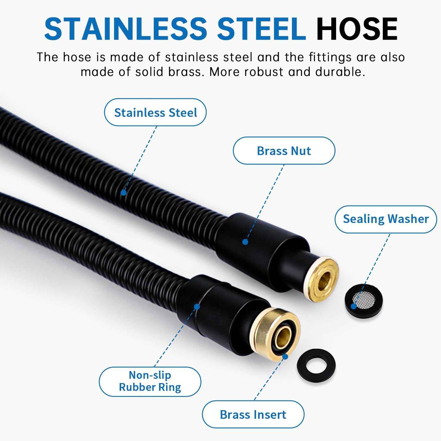 G-Promise 86 Inch Stainless Steel Long Shower Hose, Flexible and Tangle-Free, for Shower and Pet Bathing, Clean Bathroom Corners(Matte Black)