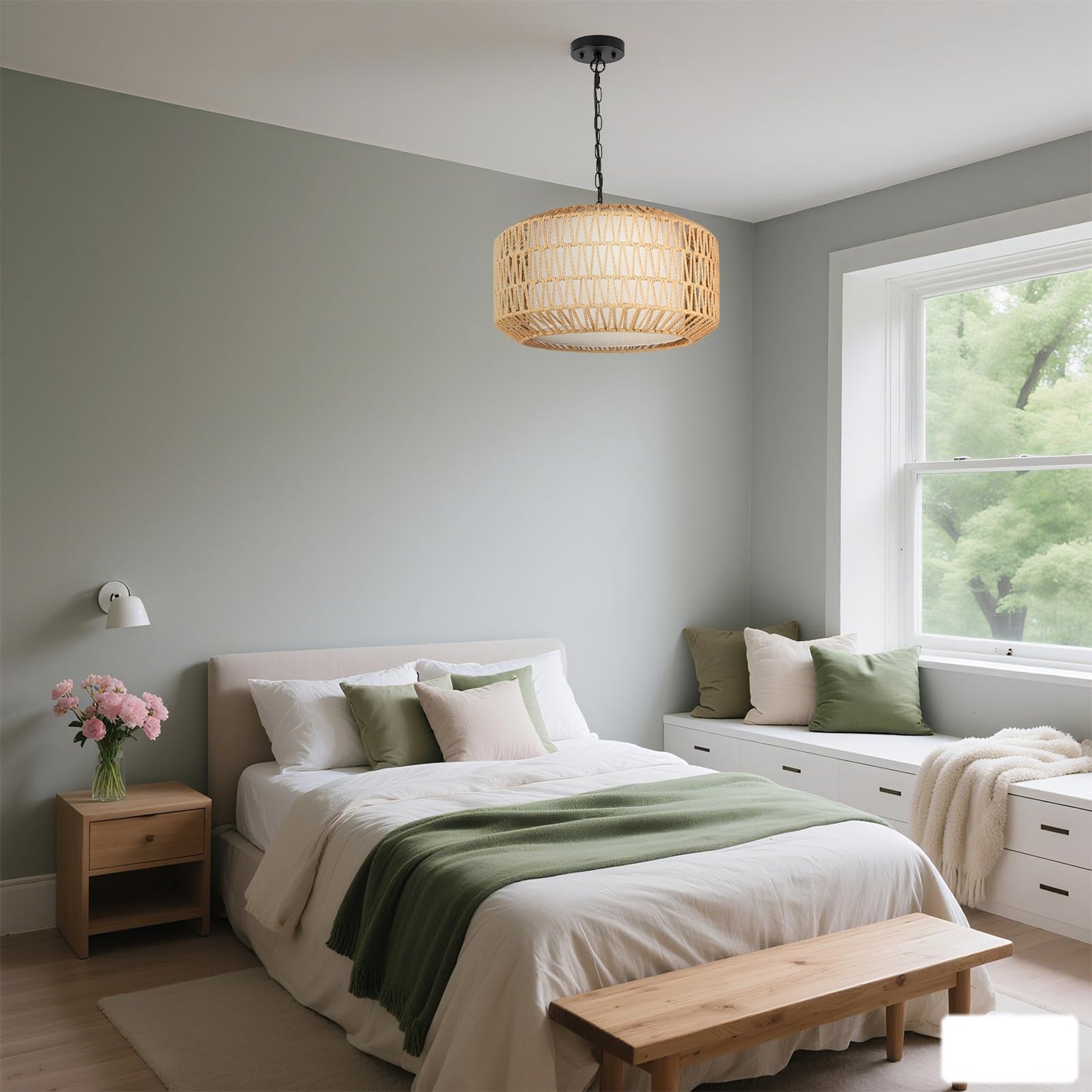 ILVUFORGOOD Boho Rattan Chandelier, 3-Light Farmhouse Pendant Light with Linen Shade, Hand-Woven Ceiling Light Fixture for Dining Room, Bedroom, Kitchen Island, E26 Base (Bulbs Not Included)