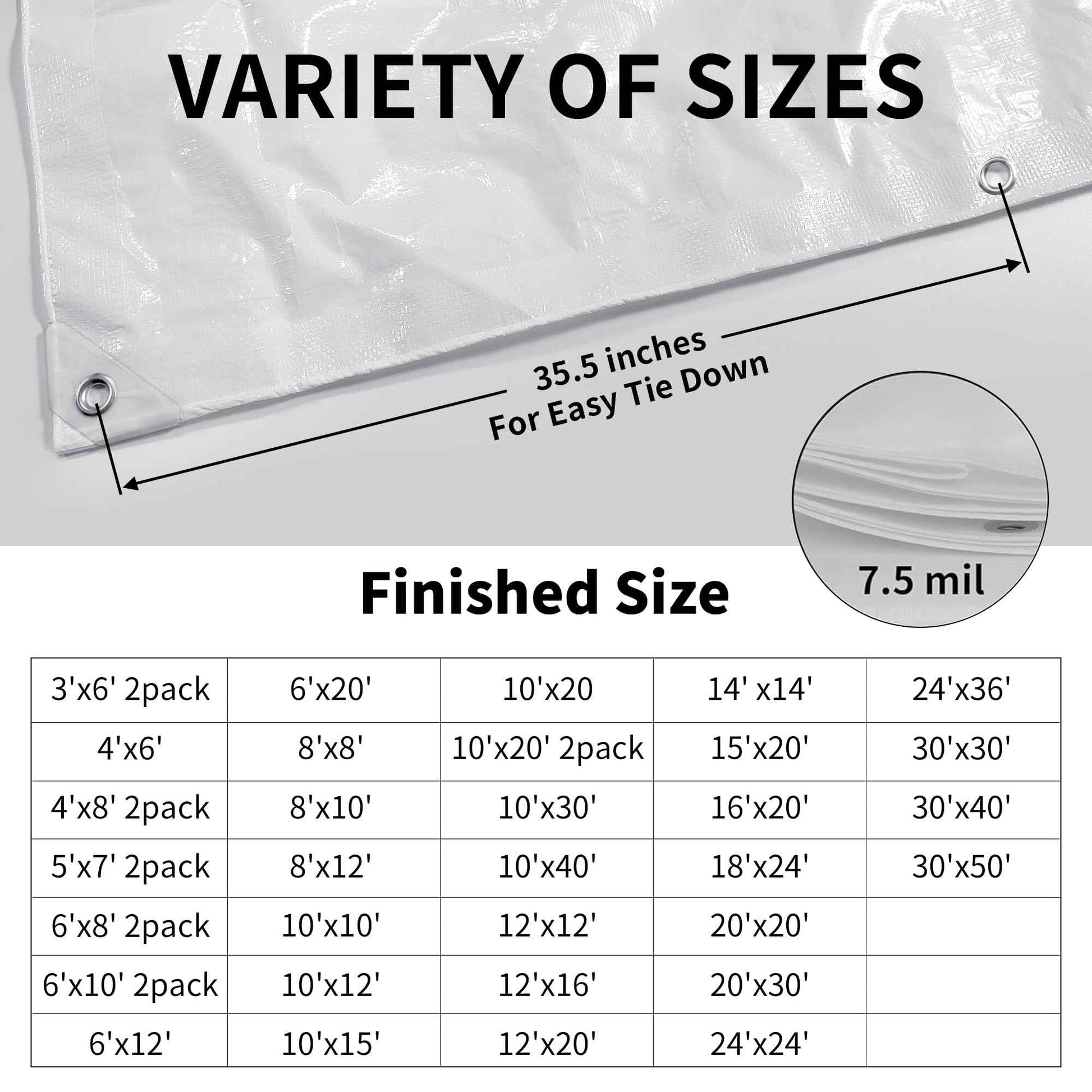 TARPAL 30'x30' White Tarp Waterproof 7.5 mil Medium Duty All Purpose Poly Tarps Cover Waterproof,Snow Proof UV Protection,Rip and Tear Proof,Poly Tarpaulin