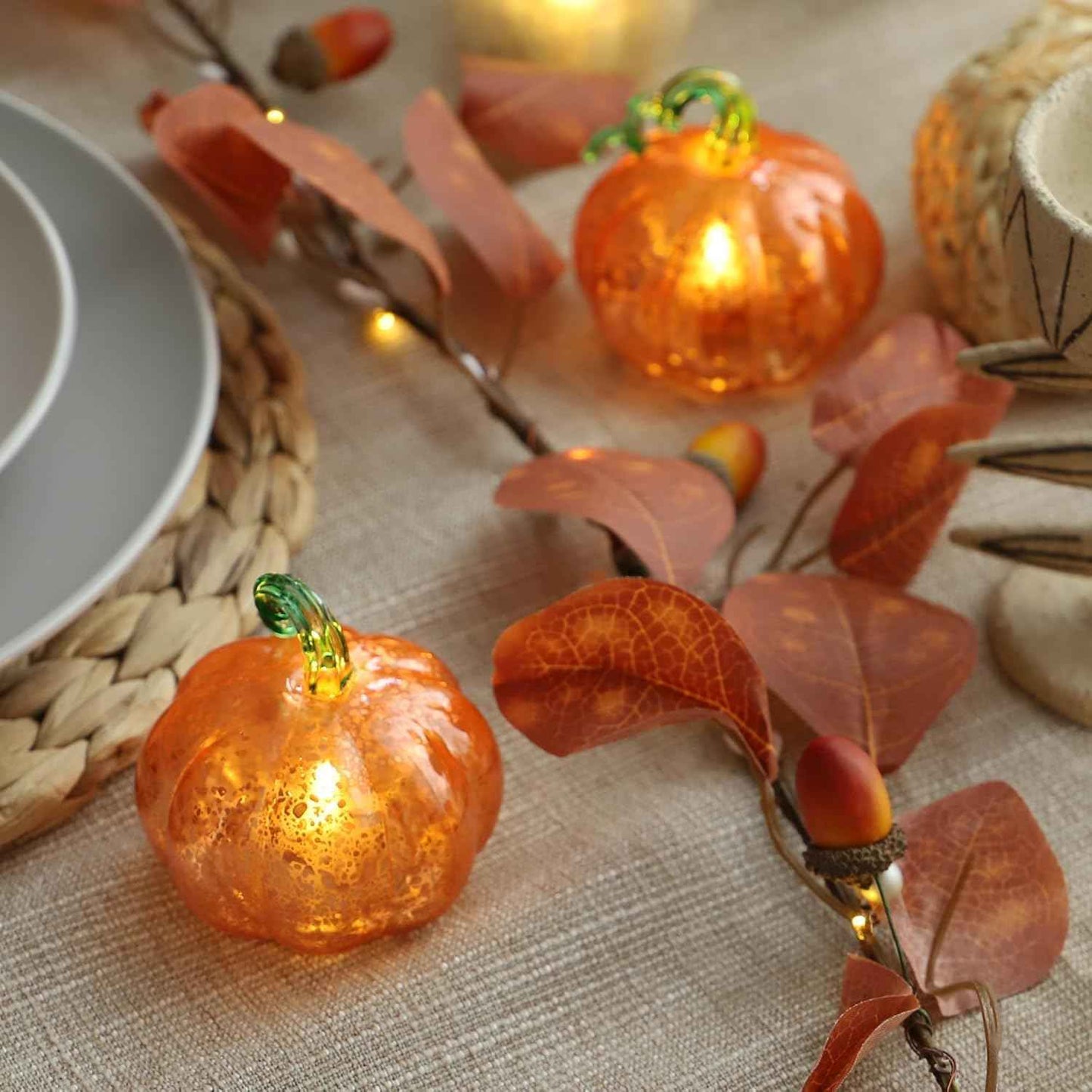 Set of 3 Golden Glass Pumpkin Lights - 2.5" Battery Operated LED Fall Decor for Halloween & Thanksgiving, Mercury Glass Table Centerpiece, Warm Amber Glow for Indoor Autumn Decorations