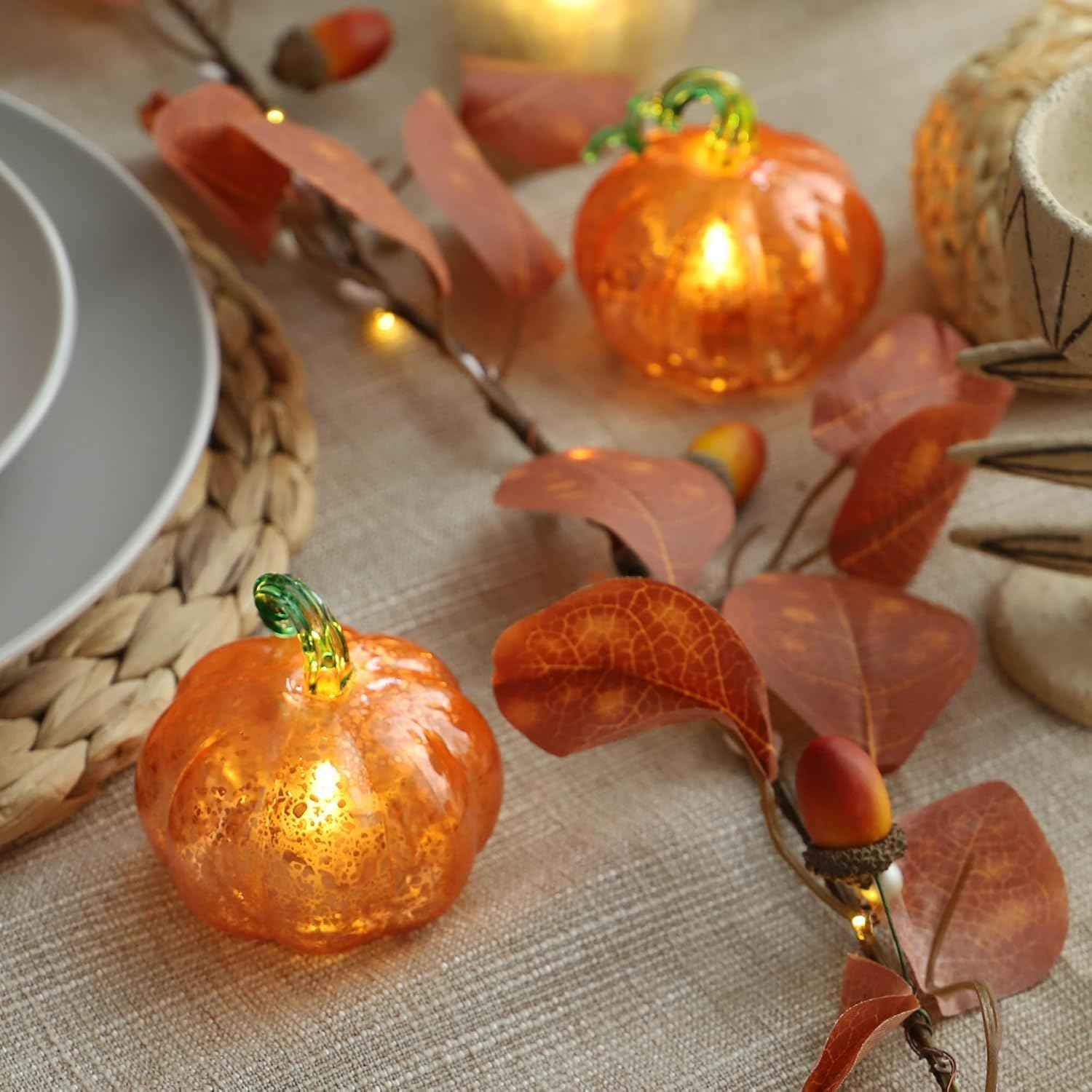 Set of 3 Golden Glass Pumpkin Lights - 2.5" Battery Operated LED Fall Decor for Halloween & Thanksgiving, Mercury Glass Table Centerpiece, Warm Amber Glow for Indoor Autumn Decorations