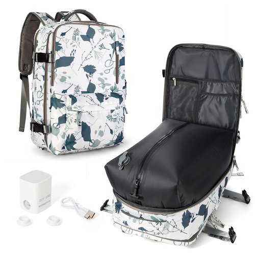 WONHOX Vacuum Seal Backpack for Travel with Air Pump Vacpack Carry on Flight Approved Compression Daypack Laptop Space Saver Bags Storage with Vacuum System 18x14x8 inches Travel Bag Women LeafWhite
