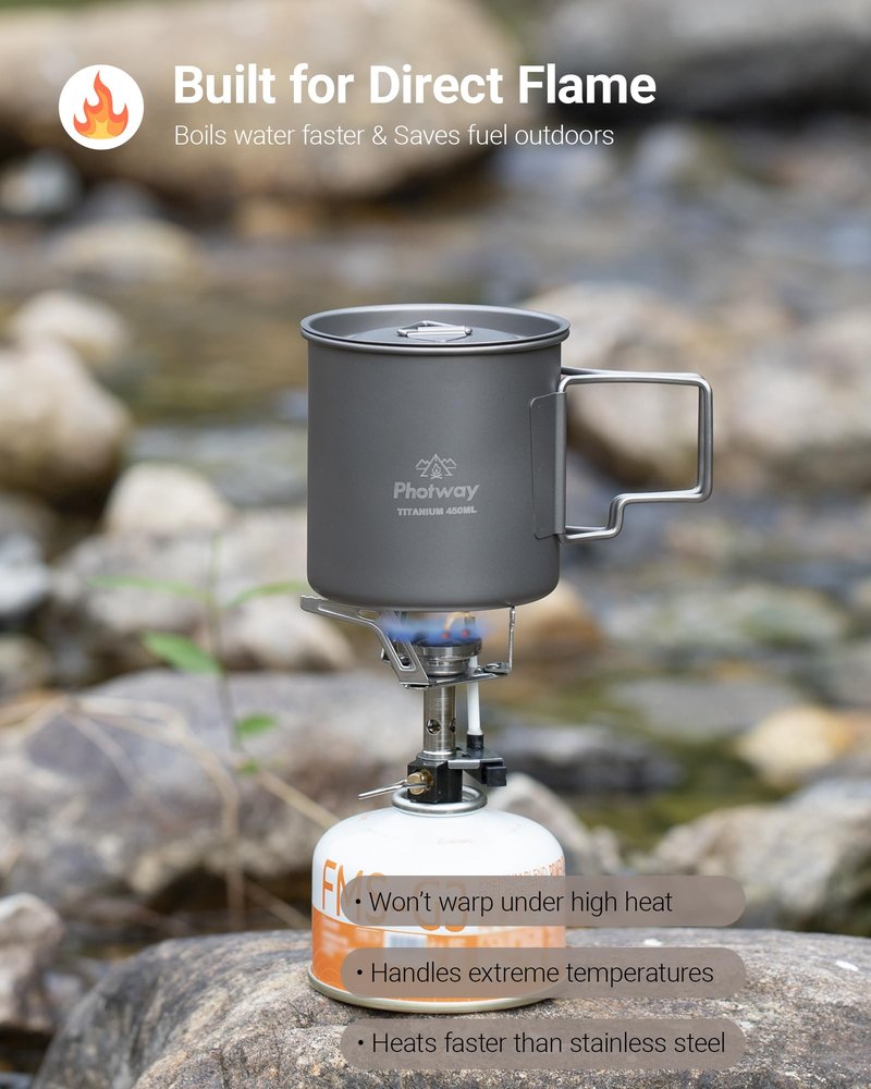 photway Ultralight Titanium Camp Mug with Lid 450ml (15.2oz), Single-Wall Coffee Mug Cup for Backpacking, Camping, Hiking & Open Fire Use