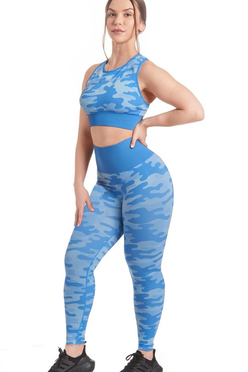 MAXXIM Workout Sets 2 Piece Outfits Womens Seamless Sport Bra High Waisted Leggings for Yoga Running Gym Camo Blue Small