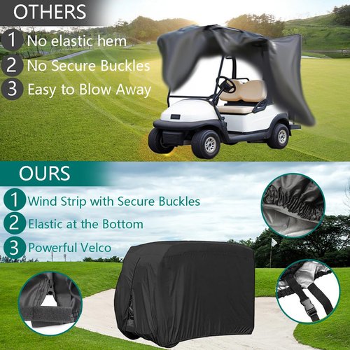 FLYMEI 4 Passenger Golf Cart Cover, Waterproof, Dustproof, Black, 112'' L x 48'' W x 66'' H, Fits Most Standard 4 Passenger Golf Carts, EZ GO, Club Car, Yamaha