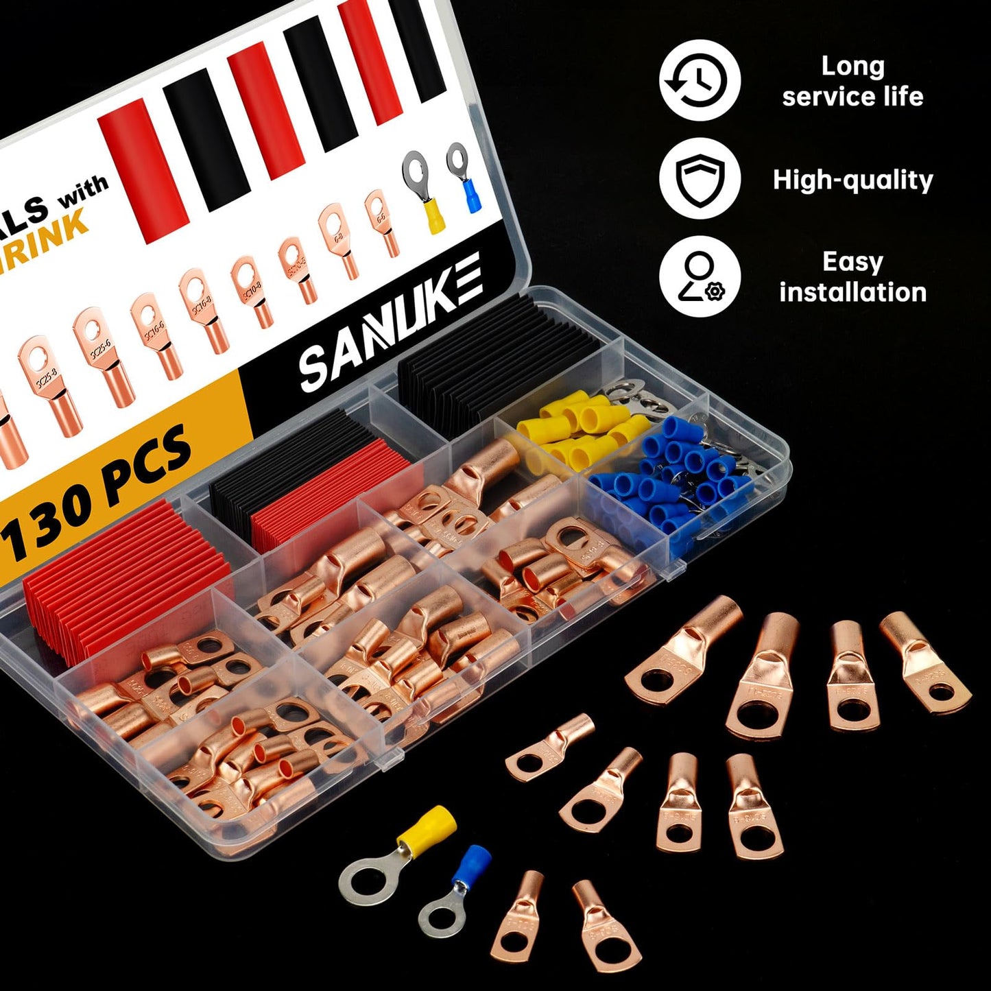 Sanuke 130pcs Copper Wire Lugs, Battery Lugs Awg 2 4 6 8 10 12 14 16 Copper Lugs Assortment Ring Terminals Connectors Wire Connectors Terminals, 70pcs Battery Cable Ends with 60pcs Heat Shrink