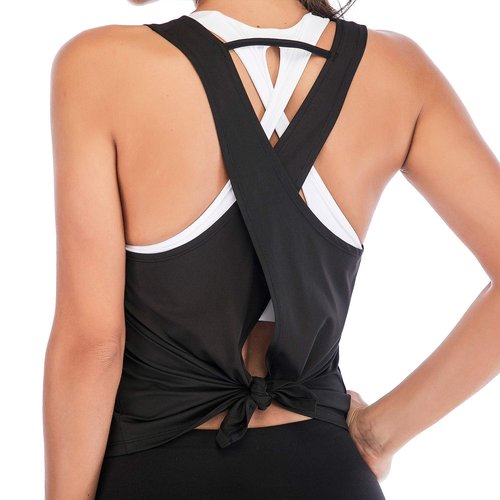 DREAM SLIM Tie Back Workout Tank for Women Loose Fit Cross Back Strappy Yoga Running Shirts Open Back Athletic Tanks (Black,L)