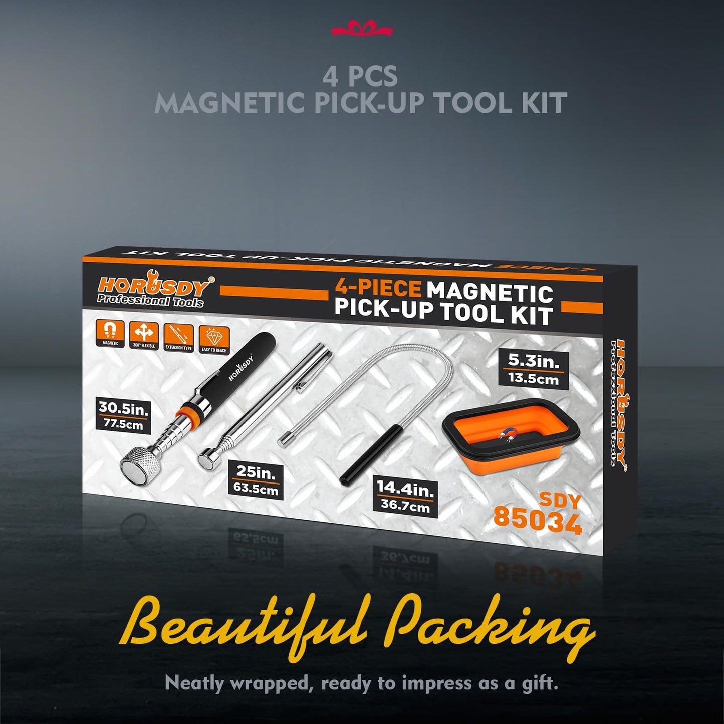 HORUSDY 4 - PIECE Magnetic Pickup Tools Kit | Extendable Telescoping Magnet Pick Up Tool Set 7-30.5” & 5-25” | Bend-It Flexible Magnetic Sweeper | Collapsible Parts Tray for Garage Workshop Yard