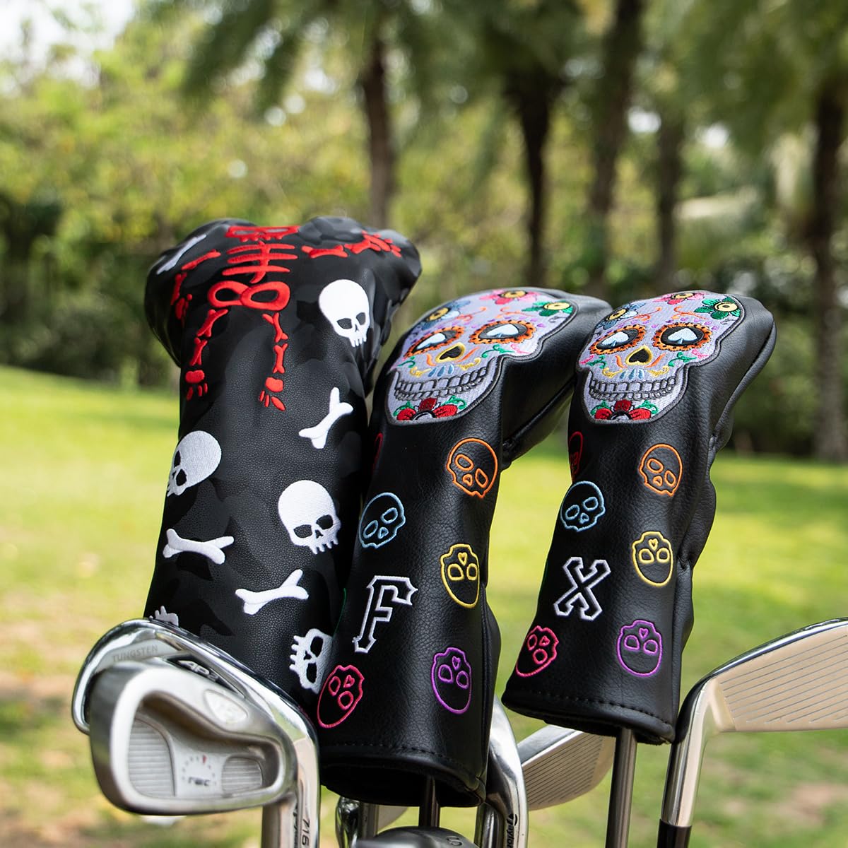 Montela Golf Club Covers,Colorful Skeleton Putter Cover Driver Covers Fairway Wood Headcover Hybrid Cover Leather Blade Putter Headcover Mallet for Brand