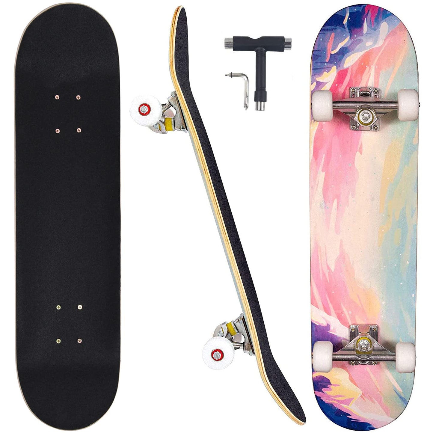 CAPARK Skateboards for Beginners Adults Youths Teens Kids Girls Boys 31 Inch Pro Complete Skate Boards 7 Layer Canadian Maple Double Kick Concave Longboards (Ocean)