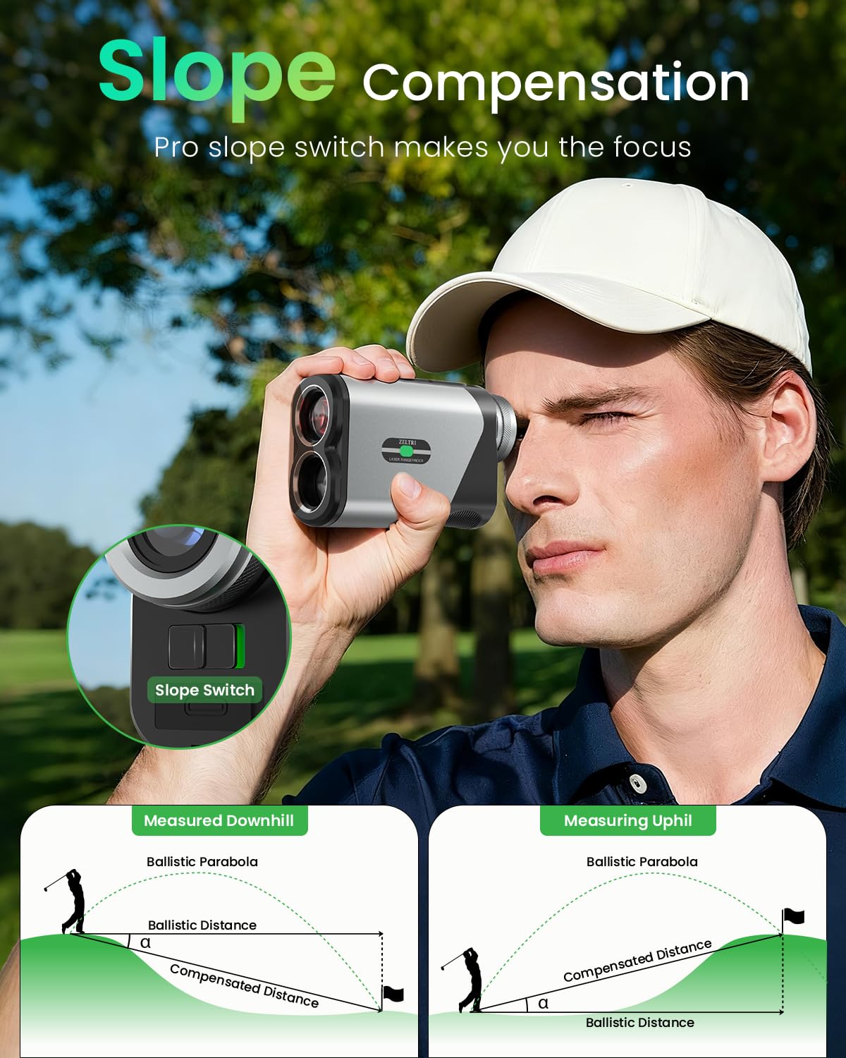 ZELTRI 1200 Yards Golf Rangefinder (875Y for Flag), with Slope Switch, 7X Magnification Laser Range Finder, Rechargeable, Flag Lock Vibration, Fast 0.1s Measurement,Golf Accessories for Men and Women