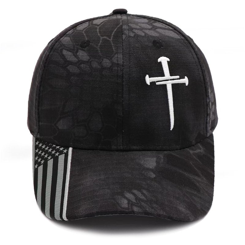 Redeemed 3 Nails Cross Hat with American Flag Christian Hats for Men Women Adjustable Cotton Embroidered Baseball Cap Black