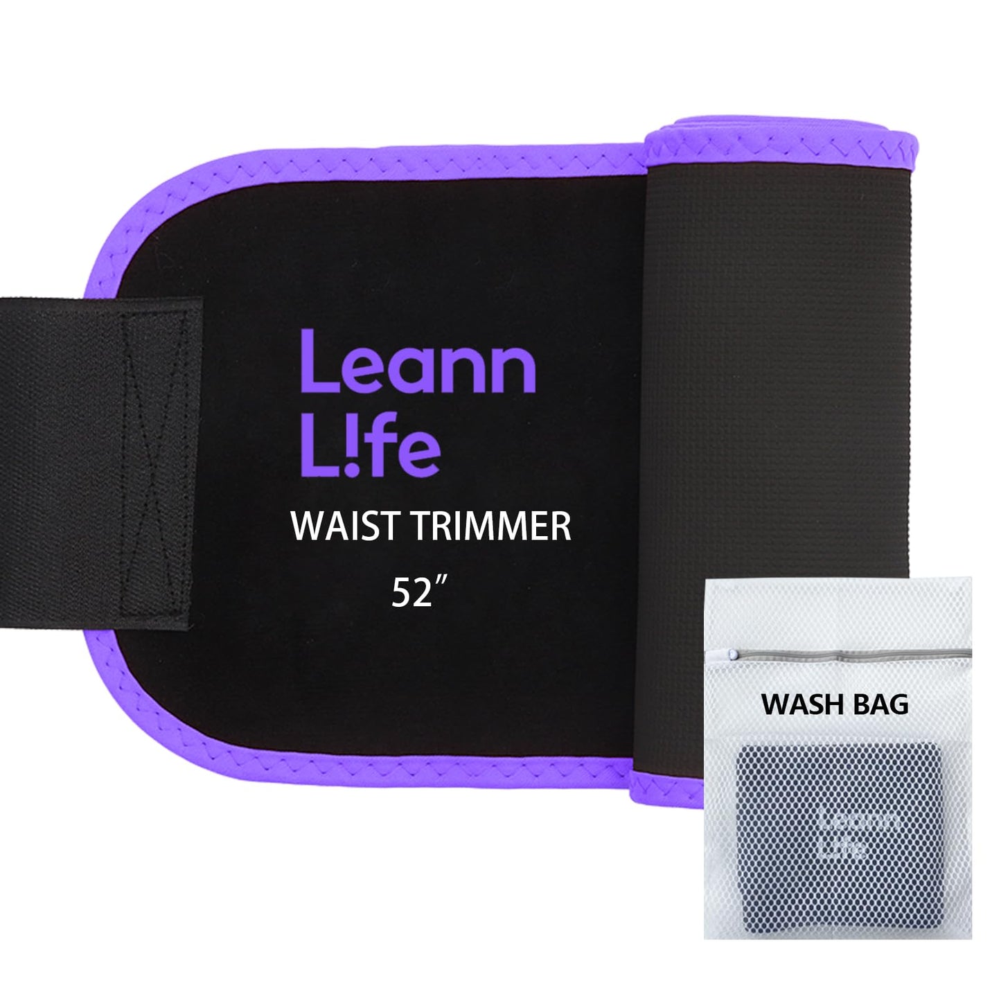 Leann L!fe 52” Waist Trimmer for Slim Belly, Premium Sweat Band Enhancing Fitness Belt for Weighted Hula Hoop Weight Loss, Waist Trainer Women and Men, Stomach Sweat Wrap, Black/Purple