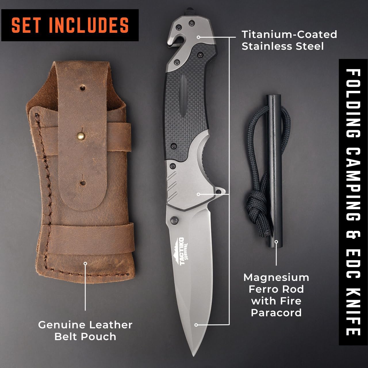 Tactiko 4-in-1 Folding Pocket Knife - Emergency Seatbelt Cutter, Glass Breaker & Fire Starter | EDC Tool for Camping & Hiking (Brown)