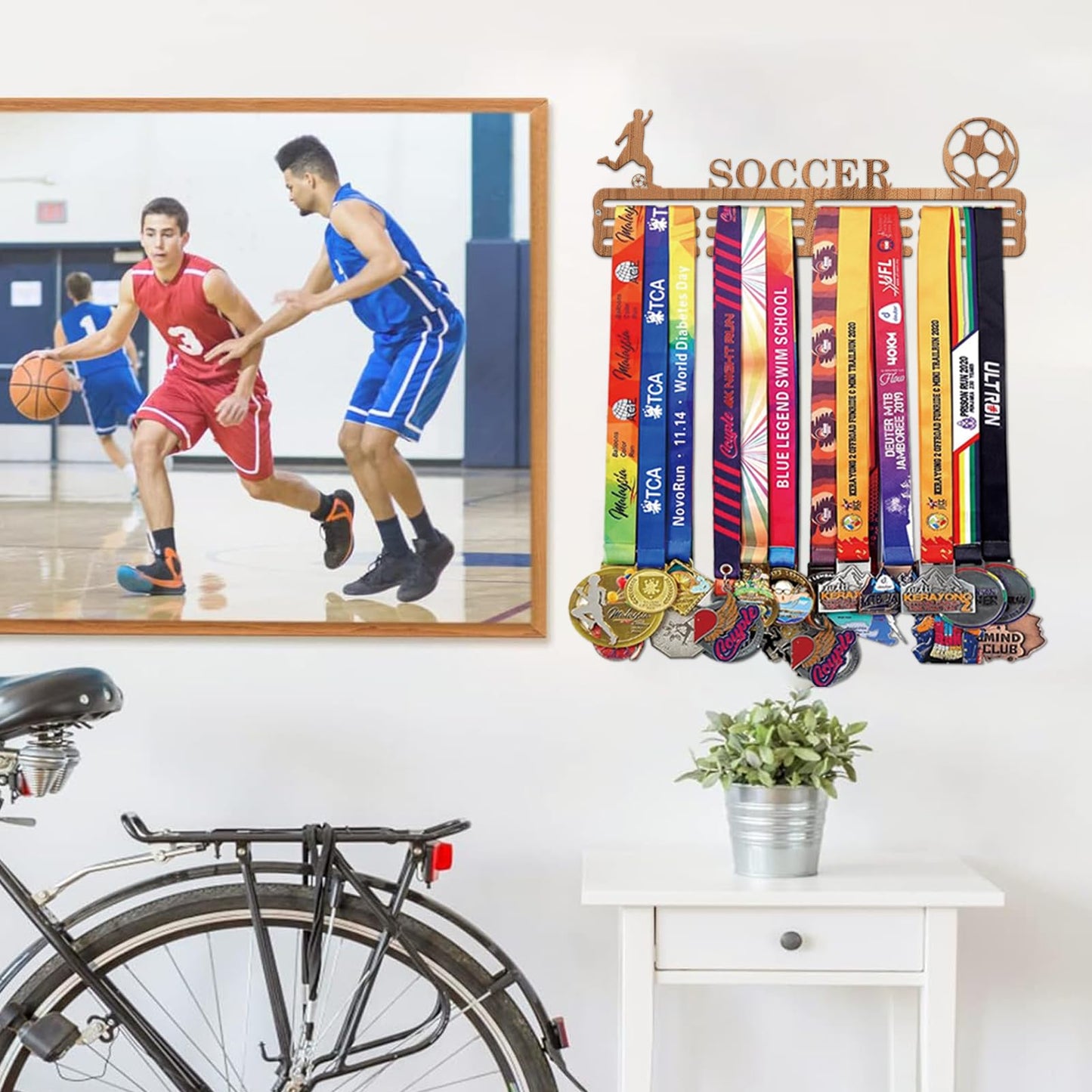 Resama World Cup Soccer Medal Hanger Holder Display Rack for Awards Ribbons Personalized Medal Sports Themed Race Ribbon Holder for Wall Metal Display for Men Boy Girl Kid Wooden