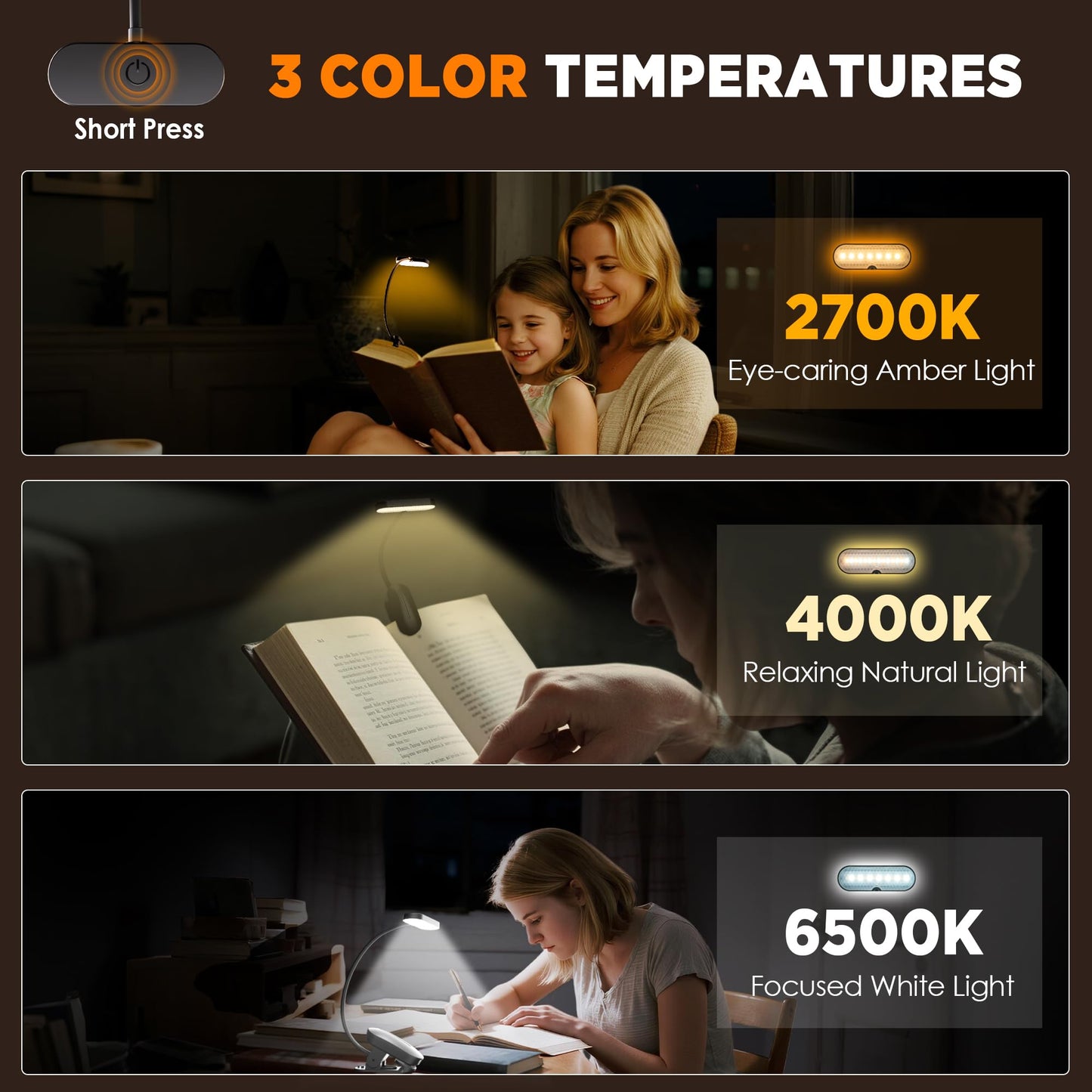 TATAANTY Book Light for Reading at Night- Eye Caring 3 Color Modes&Stepless Dimming LED Book Reading Light,Rechargeable 70 Hrs Lasting Runtime Lightweight Clip-on Book Light for Book Lovers,Deep Black