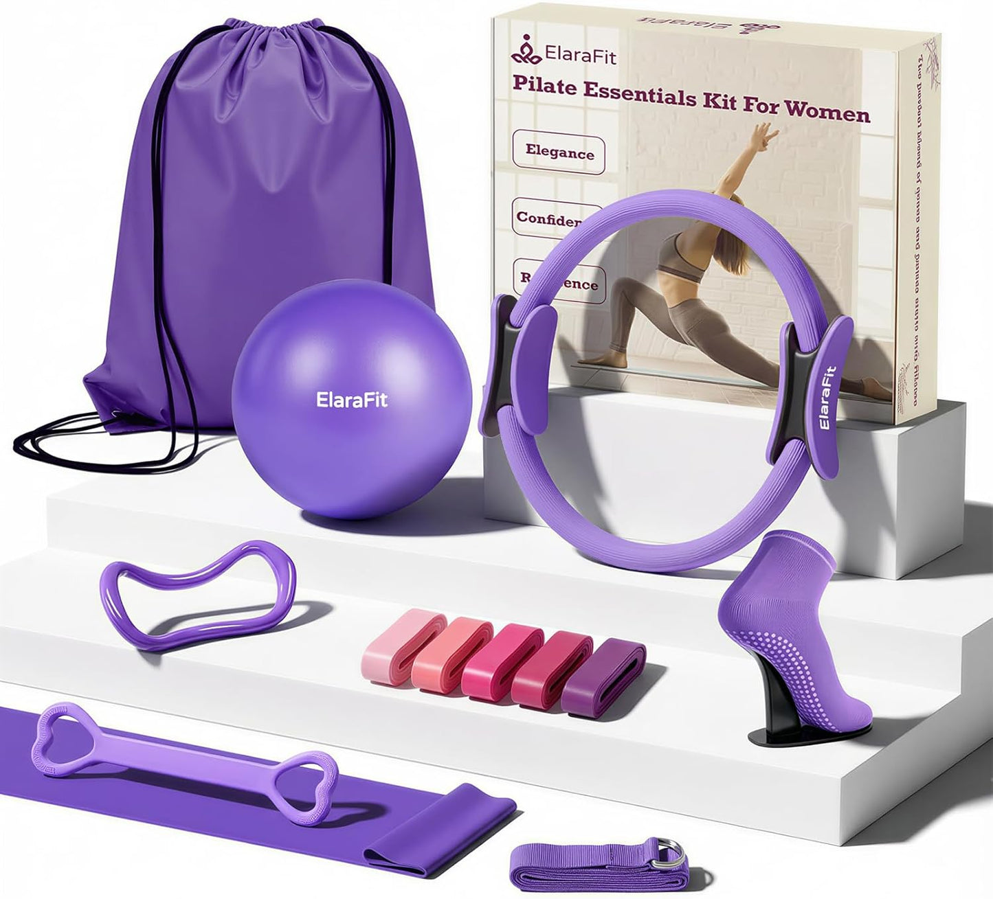 Skiennix Pilates Ring and Ball Set - 13-Inch Magic Circle with 5 Resistance Bands for Full Body Toning