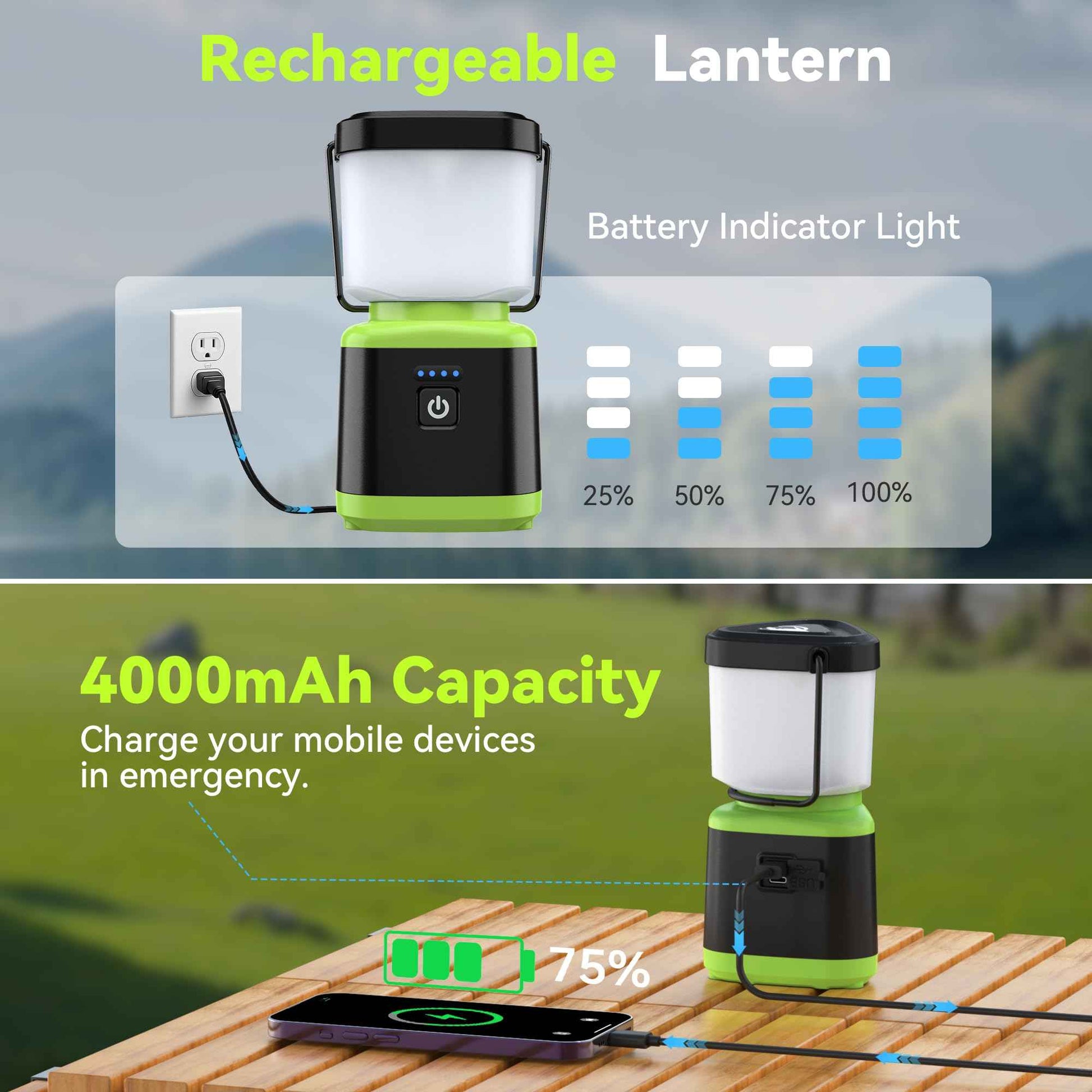 AlpsWolf Camping Lantern Rechargeable, Stepless Dimming LED Lantern, 4000mAh Rechargeable Lantern for Power Outages, IPX4 Waterproof Portable Camping Light, Green 1 Pack