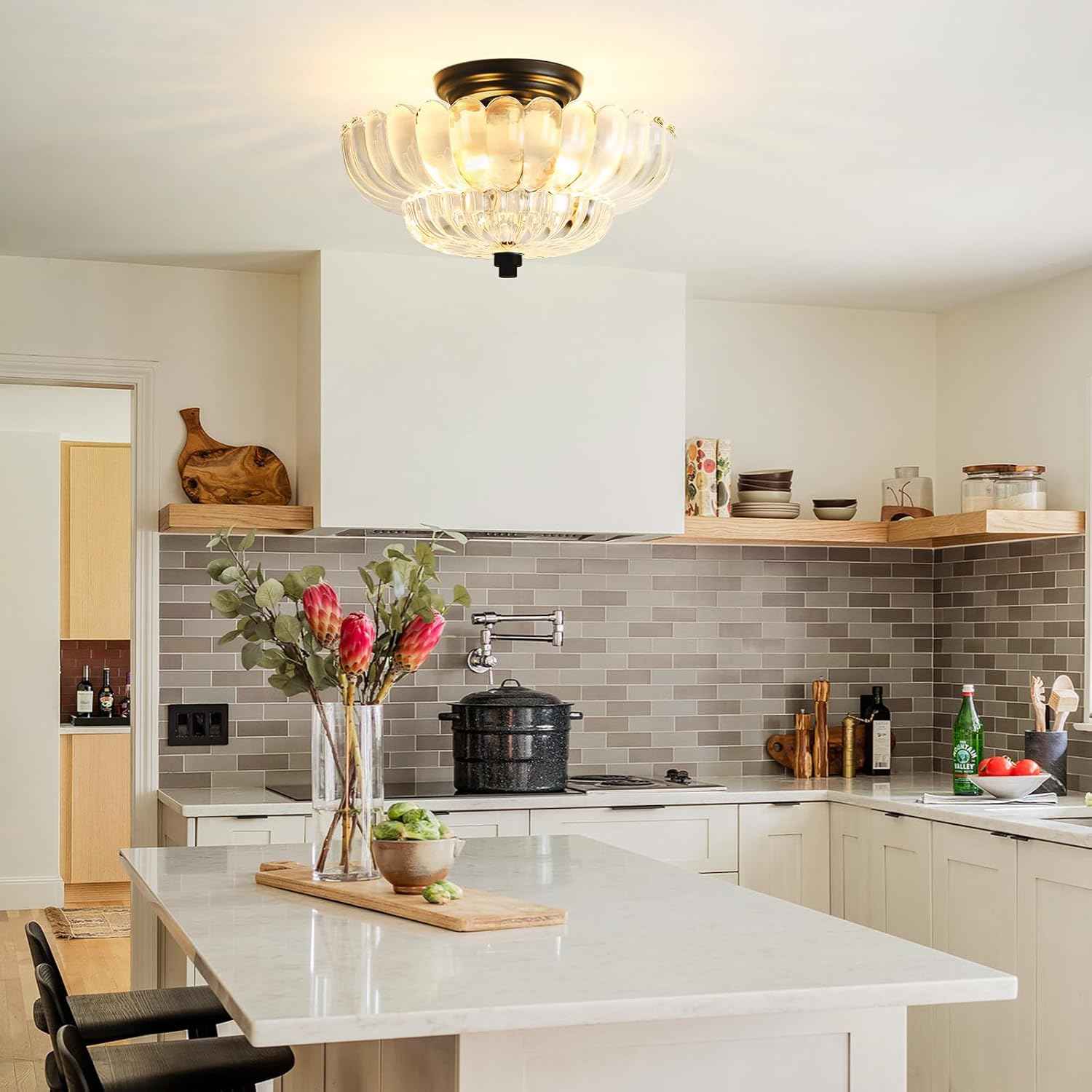 Modern Semi Flush Mount Ceiling Light Fixture with Brown Glass & Black Base - Ideal for Living Room, Kitchen, Bedroom, Hallway (Bulb Not Included)