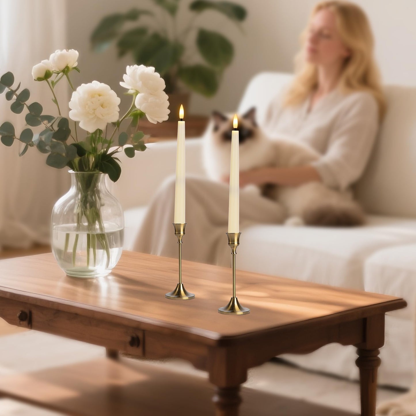 AFINETH Flameless Taper Candles with Remote, Flickering Battery Operated Candles, Ivory 9.6" Led Flameless Candlesticks for Home Party Weeding Festival Decor, 2 Pack