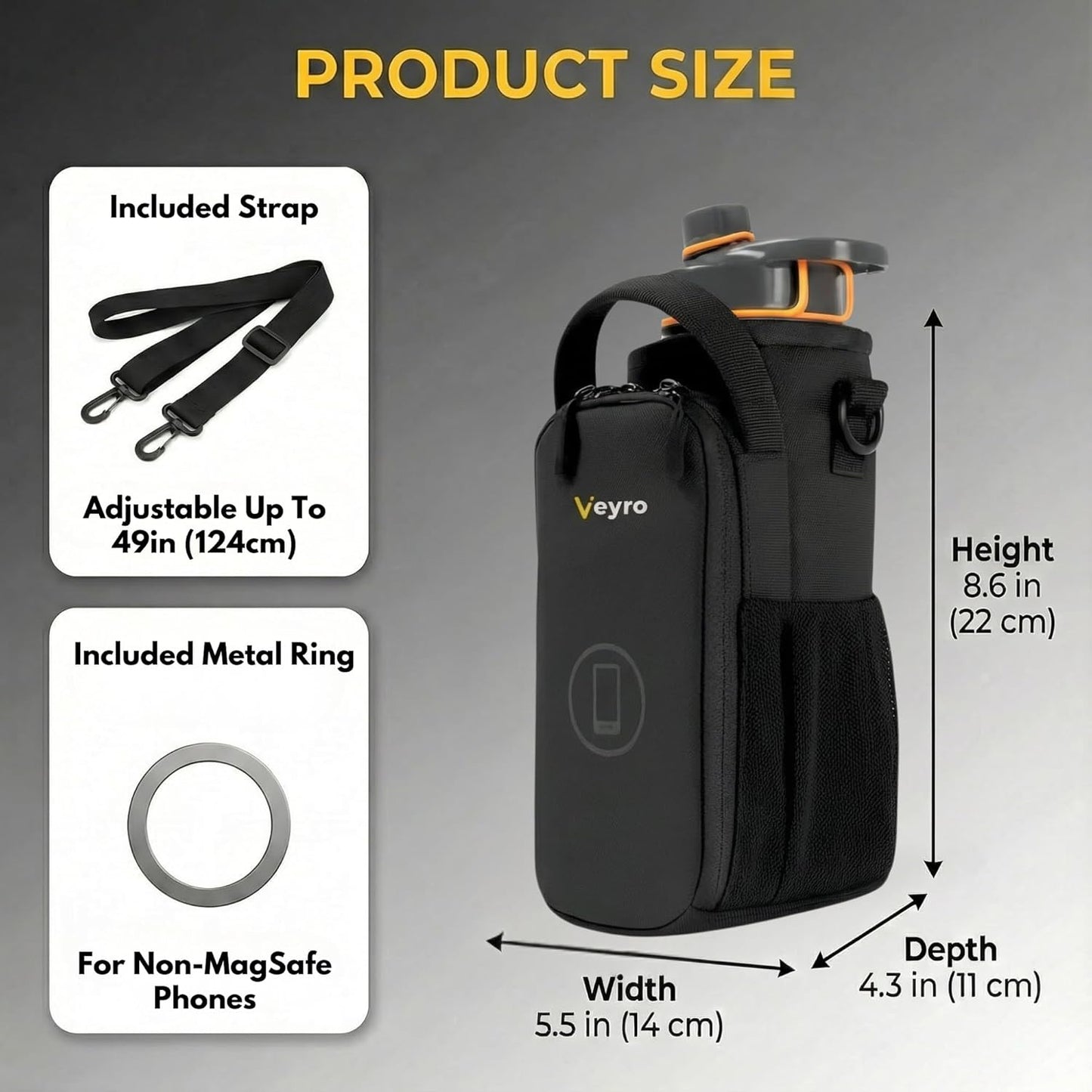 Veyro Magnetic Gym Bag - Strong Magnetic Phone Holder & Water Bottle Pouch | Compact Crossbody (Black)