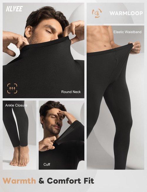 KLVEE Long Johns Thermal Underwear for Men with Fleece Lined,Base Layer Top and Bottom Set for Cold Weather Black